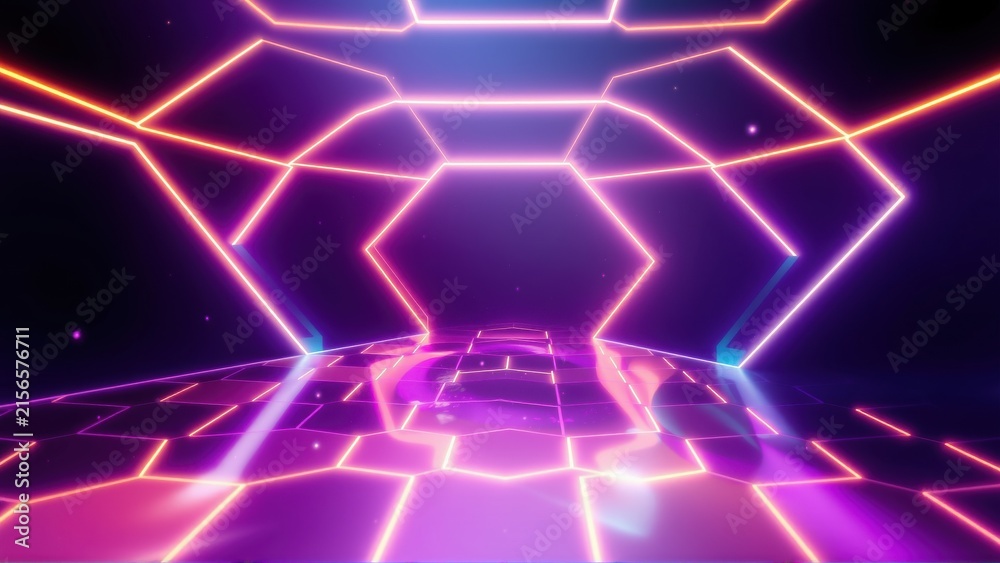 Fototapeta premium Neon grid tunnel. Bright lines form hexagonal shapes. Dark background creates futuristic vibe. Glowing floor extends into distance.