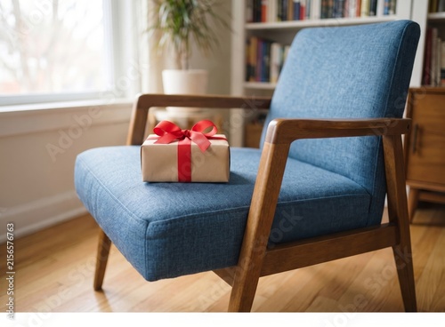 Ein blauer Sessel mit einem Geschenkpaket mit roter Schleife verpackt