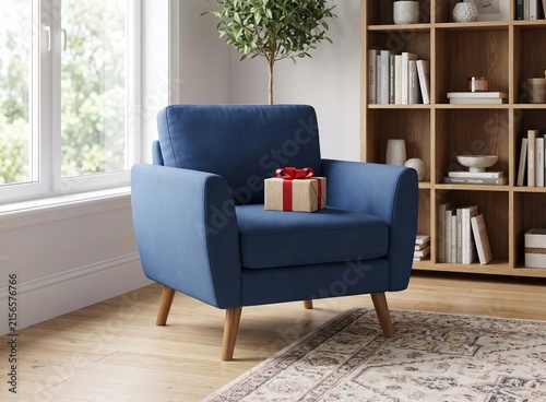 Ein blauer Sessel mit einem Geschenkpaket mit roter Schleife verpackt
