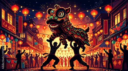 Chinese lion dance performance in a vibrant pixel art street scene