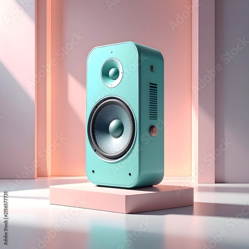 Modern teal studio speaker on a pink podium in a minimalist room.