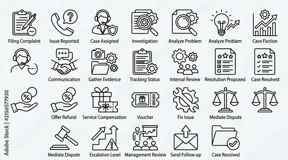 Fototapeta premium Collection of black and white hand-drawn icons representing various business and lifestyle concepts.