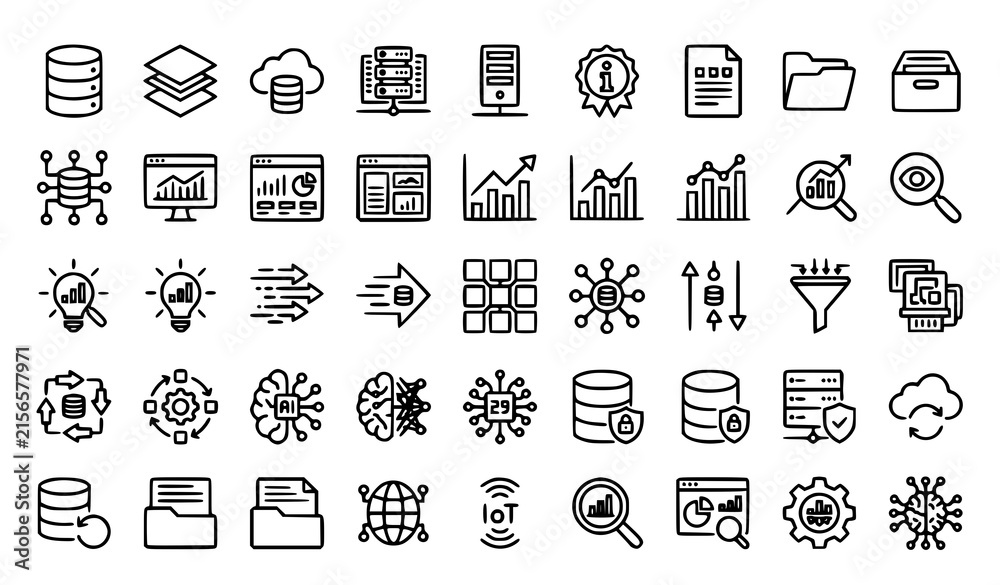 Fototapeta premium Big Data Management and Analytics Line Icons Collection for Digital Technology