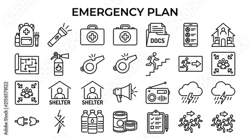 Comprehensive Emergency Preparedness Plan with Essential Safety Icons and Instructions.