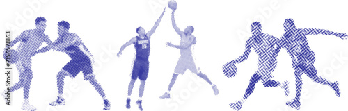 Fotografie Basketball players match action poses illustration set with athletes defending d