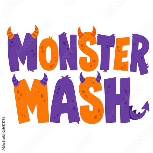Playful Halloween monster mash typography illustration, cute purple and orange letter art, kids party poster design isolated PNG with Transparent Background
