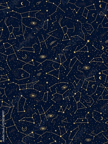 Celestial seamless pattern with golden constellations on dark blue
