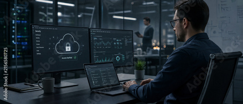 Cybersecurity analyst computer screen cloud security data center office workstation supports network monitoring and secure digital infrastructure during focused work session