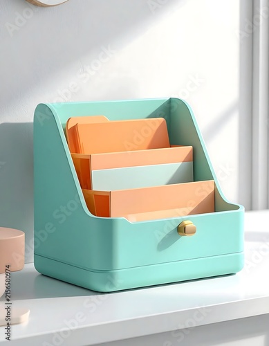 Modern Pastel Mint Desktop Organizer with Orange Sticky Notes.