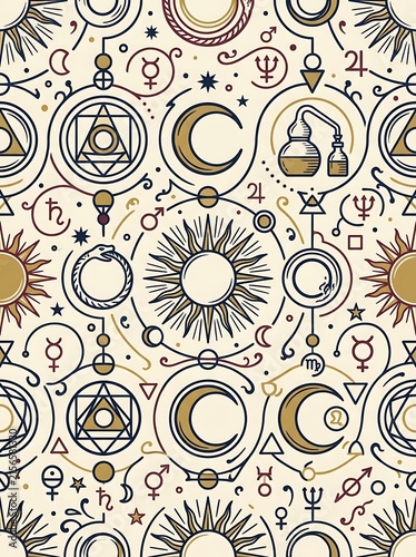 Esoteric celestial symbols and alchemical motifs in seamless pattern