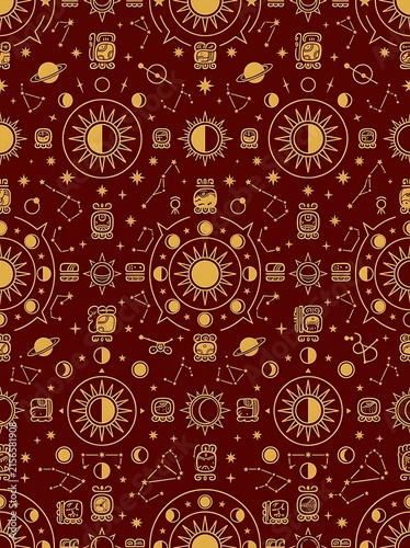 Seamless astronomical pattern with gold sun moon and mystic symbols