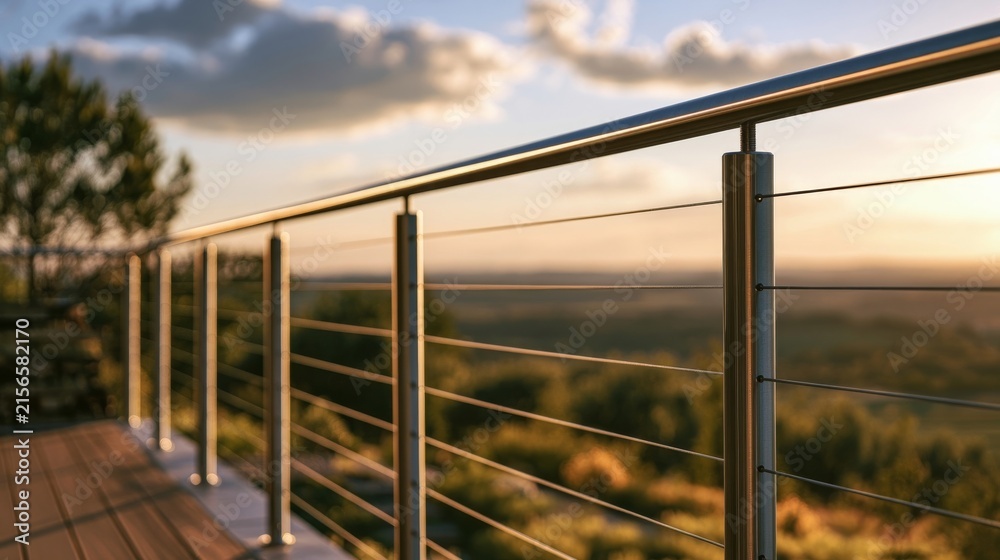 Fototapeta premium Modern Steel Cable Balcony Railing Low Angle Late Afternoon