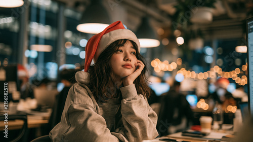 Sad Woman in Santa hat in office  
