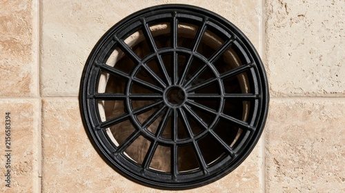 Star-Burst Cast Iron Floor Drain Grate on Travertine Tile