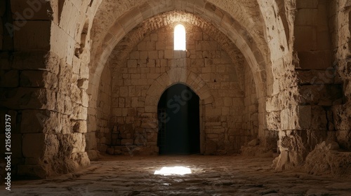 Inside View Stone Arch Entry Bright Outdoor Light Contrast