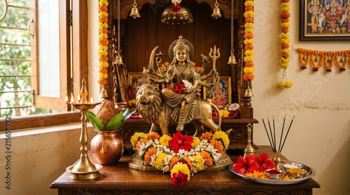 Polished brass Durga idol on a home altar decorated with layers of yellow and saffron jasmine flower garlands for Masik Ashtami festival worship.