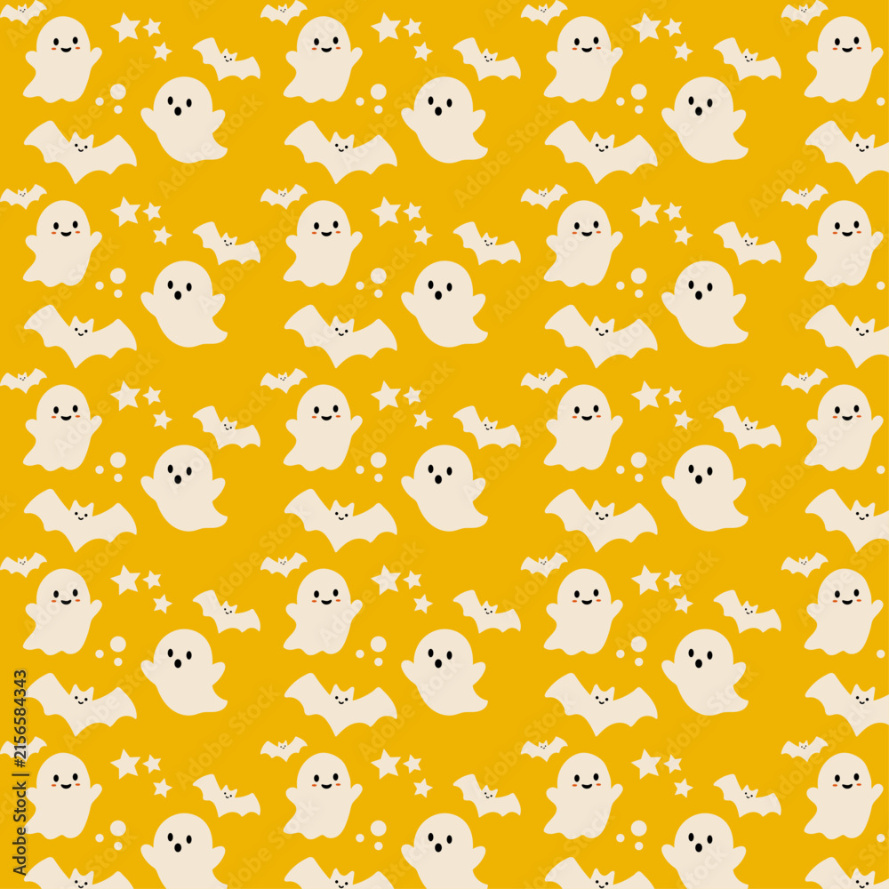 Fototapeta premium Halloween Seamless Pattern with Cute Spooky Elements, Pumpkins, Ghosts and Bats
