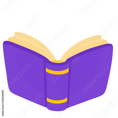 Open purple hardcover book with cream pages suitable for reading, education, literature, learning, school, library, studying, knowledge and storytelling themes.