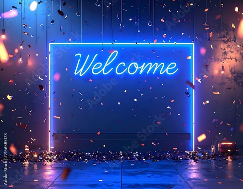 Neon blue Welcome sign glowing with falling party confetti.