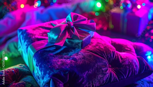 Neon Christmas gift box with bow under festive lights.