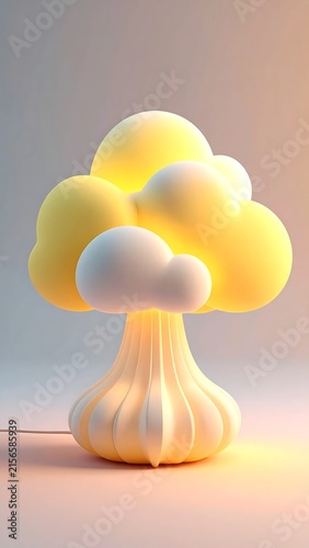 Modern Whimsical Cloud Mushroom Table Lamp Glowing Warm Yellow.