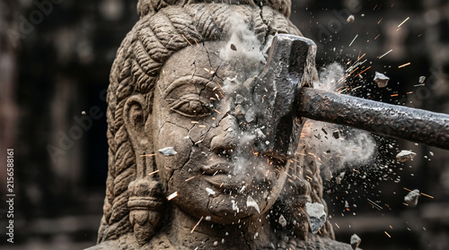 Young King Josiah violently tearing down pagan altars and smashing the idols of Baal into dust to purify the land