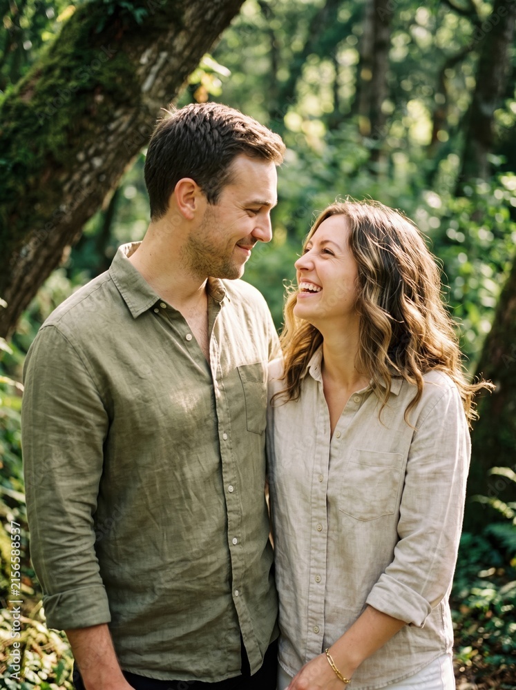 Fototapeta premium Happy couple walking arm in arm through a sunlit green forest path, laughing together during a romantic nature walk.