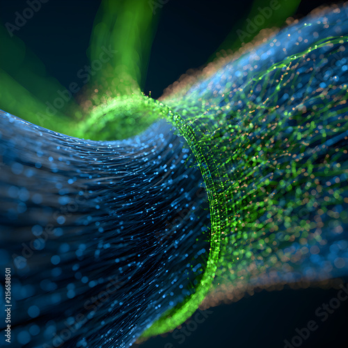 Secure cross border data transfer concept with luminous blue streams flowing through green checkpoint gate dark background 3D macro tech render