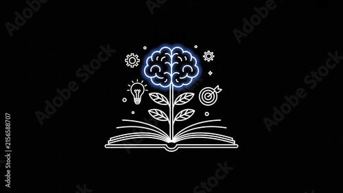 Growth mindset concept with brain plant and book on black background
