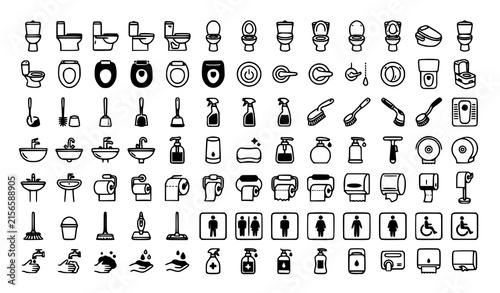 Toilet Bathroom Cleaning Restroom Sanitary Equipment Black Line Vector Icon Set