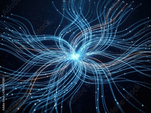 Intricate network of glowing fiber optic nodes and light filaments