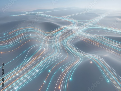 Glowing light trails representing digital highway traffic on a landscape