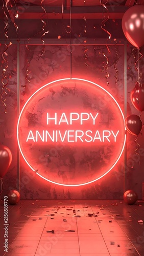 Neon Happy Anniversary sign glowing on a dark red brick wall background.