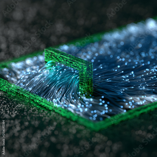 Abstract 3D data gateway with blue streams crossing green regulatory checkpoint on dark background macro render copy space technology background design