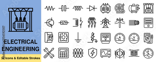 Fotografie Electrical engineering icons set, 40 outline vector symbols for electronics and