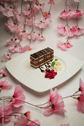 Gourmet layered chocolate cake slice served with whipped cream and fresh berries on a square white plate with copy space