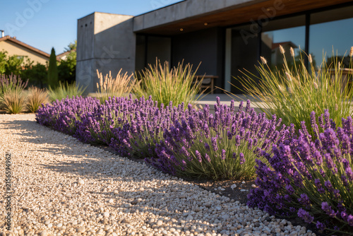Drought tolerant xeriscape garden with lavender and gravel mulch