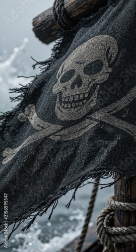 Tattered pirate skull flag waving on ship mast with frayed canvas and rope, close sea spray and weathered texture conveying nautical danger and history