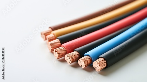 Insulated electrical wires in various colors including black, red, blue, yellow, and brown, showcasing copper strands at the ends, arranged neatly on a white background for clear visibility