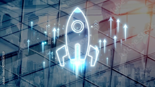фотографія Innovative Business Growth Concept with Rocket Icon and Upward Arrows Against Mo