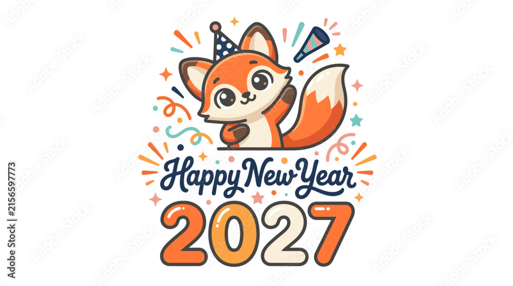 Fototapeta premium Cute cartoon fox celebrating Happy New Year 2027 33.