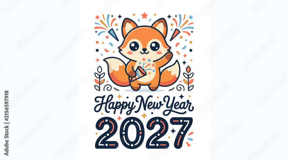Fototapeta premium Cute Cartoon Fox Celebrating New Year 2027 6.