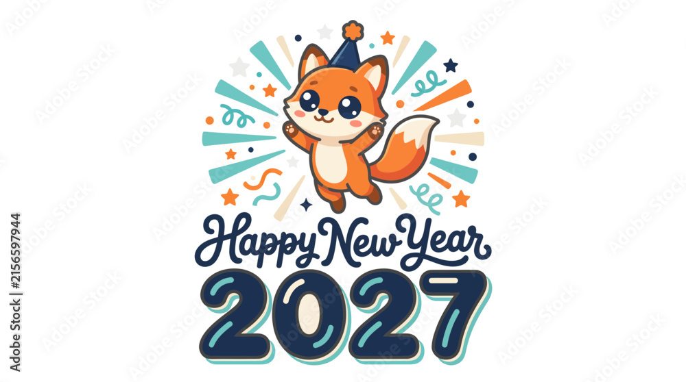 Naklejka premium Cute cartoon fox celebrating New Year 2027 with festive party hat.