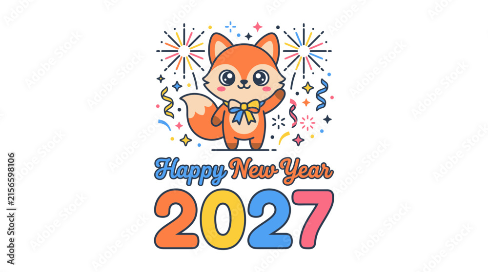 Fototapeta premium Cute Cartoon Fox Character Celebrating Happy New Year 2027 16.