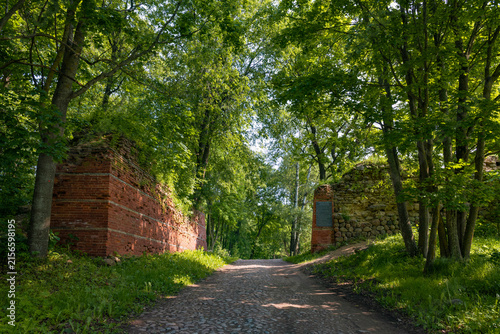 At the entrance to the territory of the ancient Gdov fortress on a sunny June day. Gdov, Pskov region