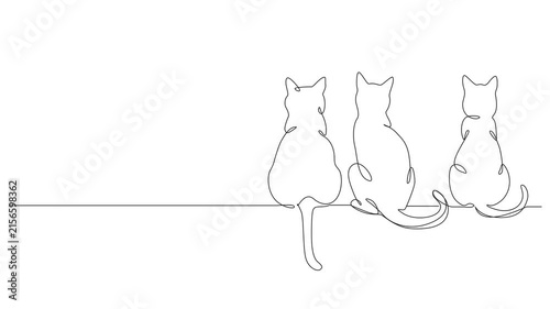 animated continuous line drawing of three cats sitting together in a row, viewed from behind, minimalist line art animation