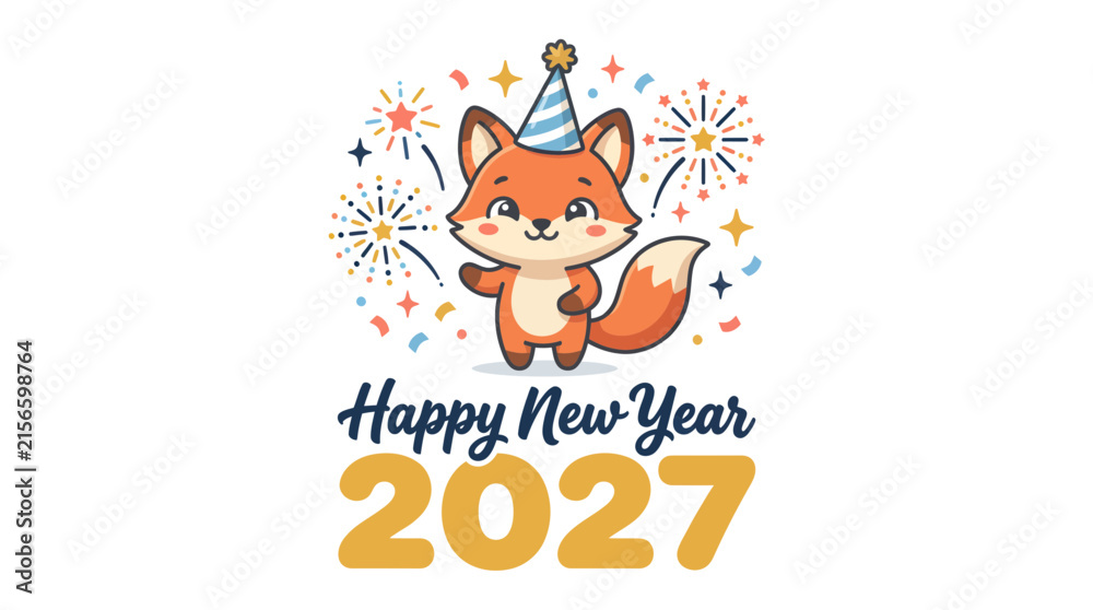 Fototapeta premium Cute cartoon fox wearing a party hat celebrating the new year.