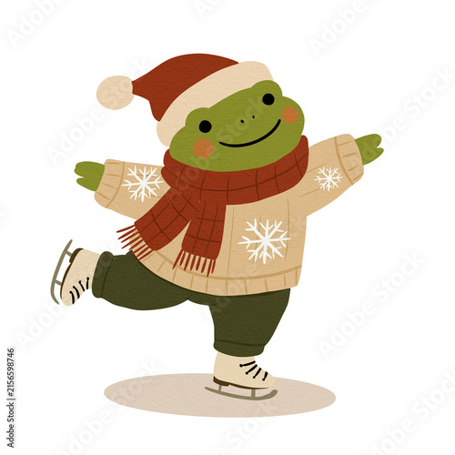 Fotografie Funny frog character ice skating wearing warm sweater and Santa hat Illustration