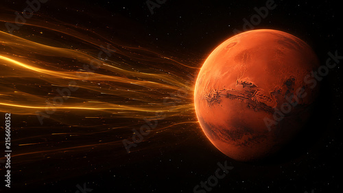 Dramatic Mars planet illuminated by glowing energy trails in deep space, symbolizing cosmic exploration and future technology
