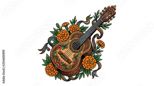 Ornate Guitar with Marigolds and Ribbons Illustration